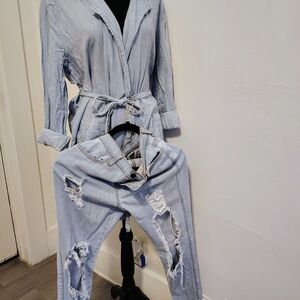 Light Blue Denim Jacket and Ripped Jeans Set